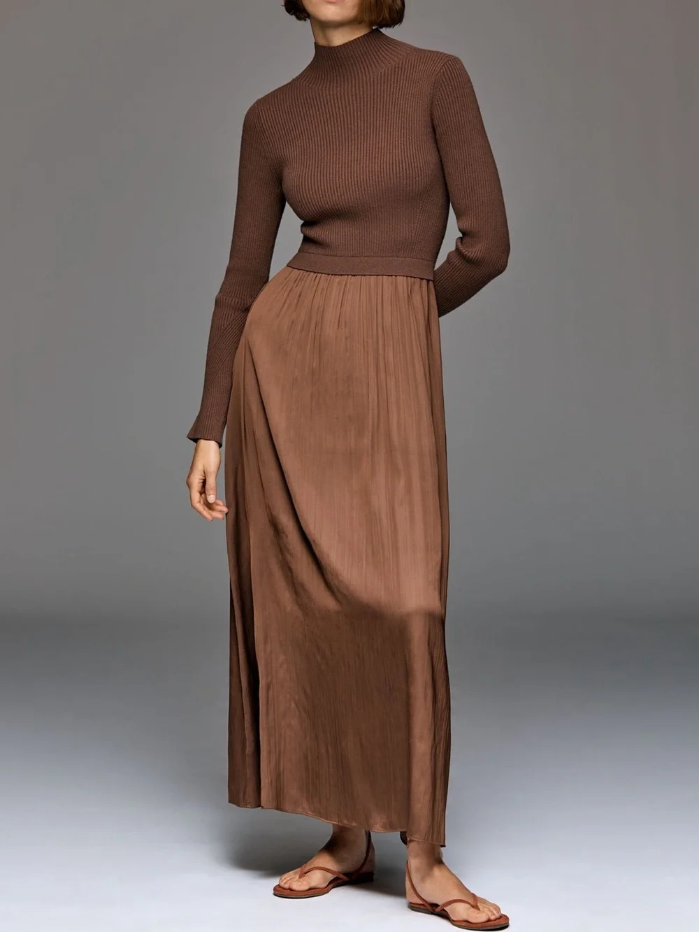 Anthropologie Thea Twofer Long-Sleeve Maxi Dress New XL Silky Root Beer Brown